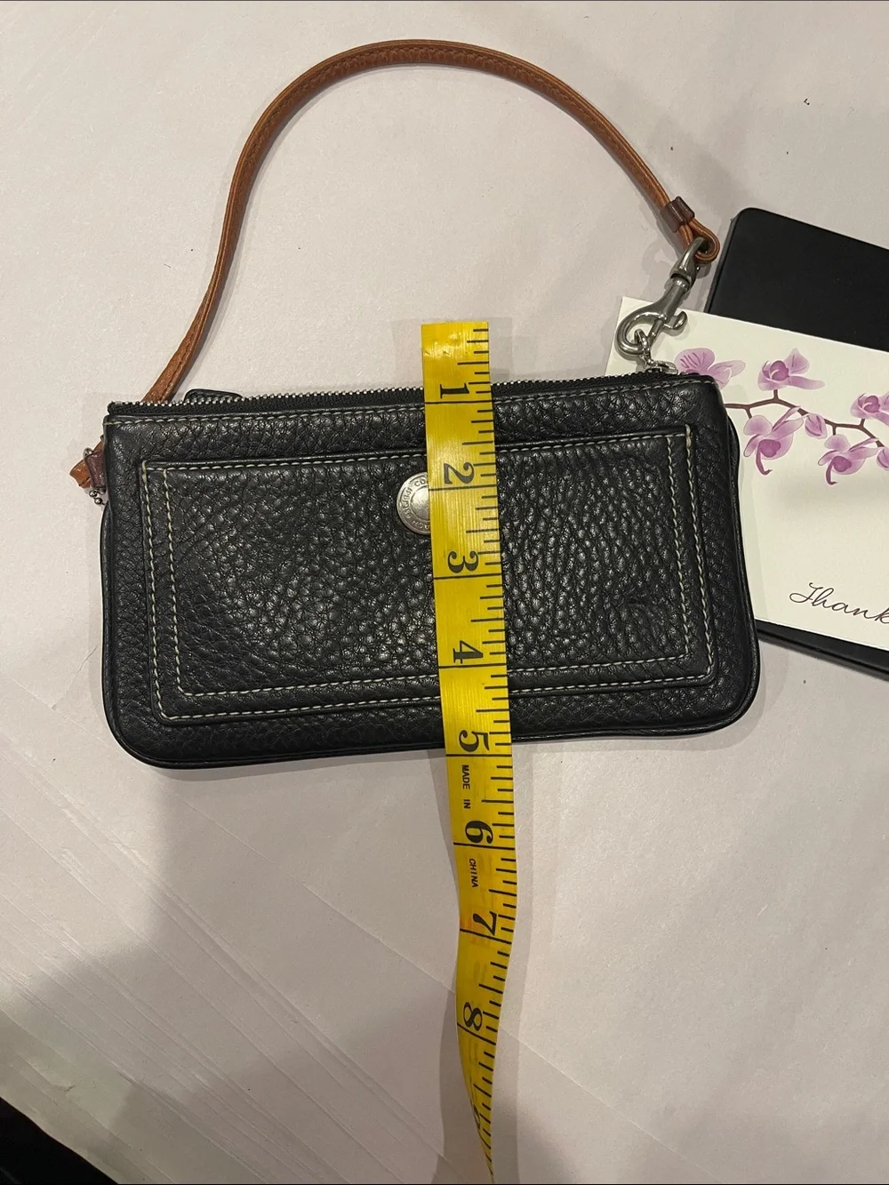 Coach Vintage Black Pebbled Leather Tan Strap Pouch Wallet Wristlet